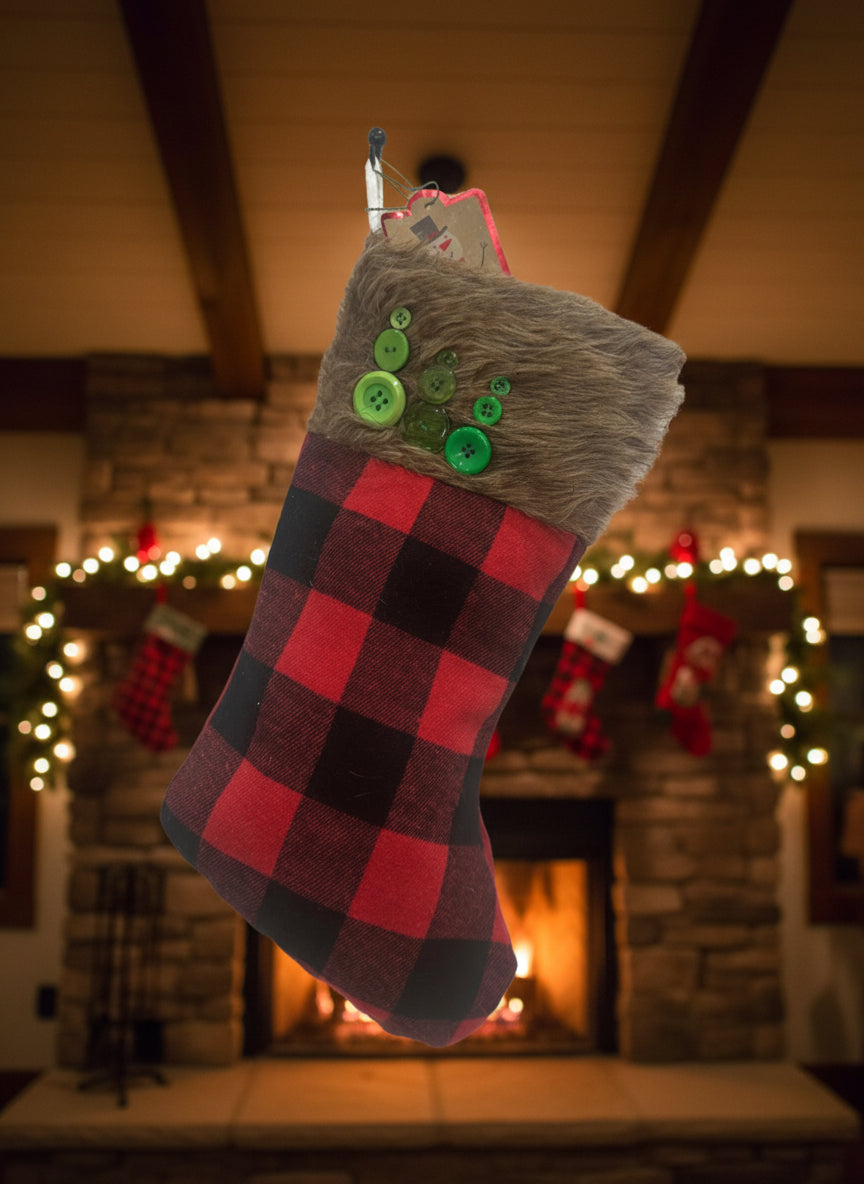 Button Tree Black & Red Plaid Stocking with Gift Tag
