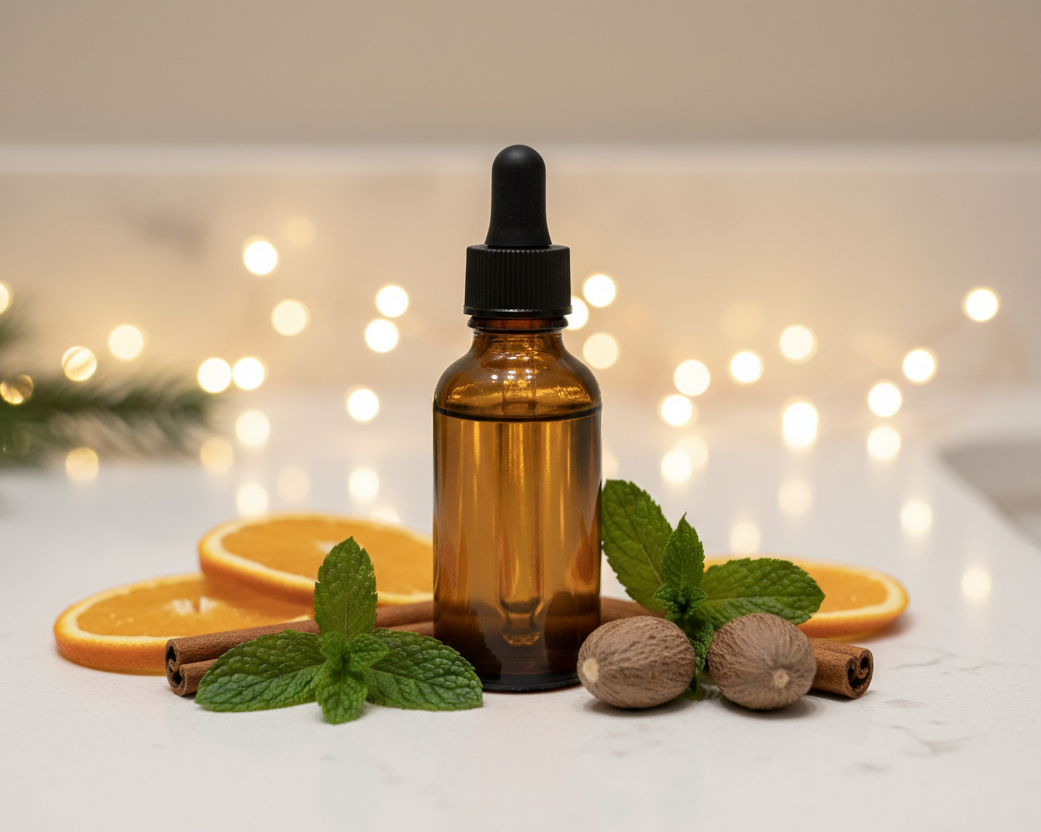 create a 2 oz amber bottle with a black dropper on a bathroom countertop with accents of peppermint, orange, cinnamon, and nutmeg to describe the scent with holiday light decorations