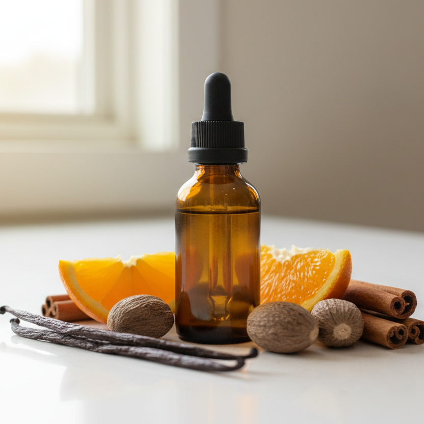 create a 2 oz amber bottle with a black dropper on a countertop with accents of vanilla, orange, nutmeg, and cinnamon to describe the scent. No labels on the bottle