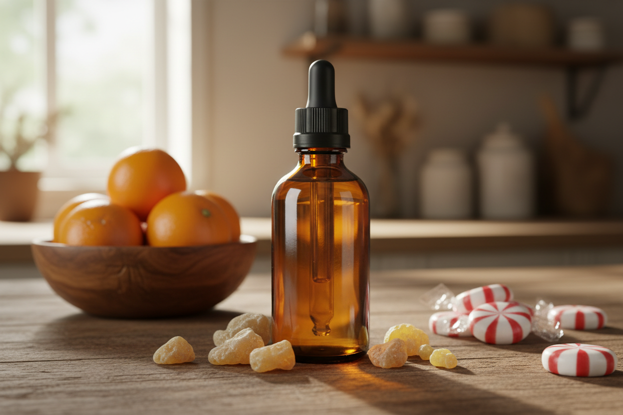 create a 2 oz amber bottle with a black dropper on a wood countertop with accents of franincense, a bowl with oranges and peppermint candy to describe the scent