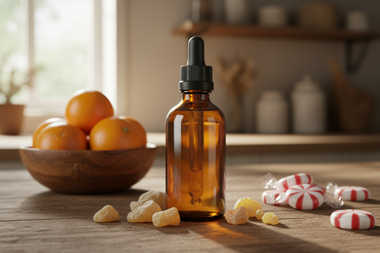 create a 2 oz amber bottle with a black dropper on a wood countertop with accents of franincense, a bowl with oranges and peppermint candy to describe the scent
