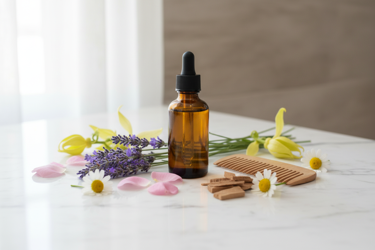 Create a 2 oz amber bottle with a black screw top dropper with no label on a bathroom countertop and a comb with accents of lavender, ylang ylang, rose, sandalwood, and chamomile to describe the scent