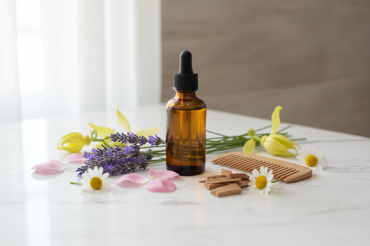 Create a 2 oz amber bottle with a black screw top dropper with no label on a bathroom countertop and a comb with accents of lavender, ylang ylang, rose, sandalwood, and chamomile to describe the scent