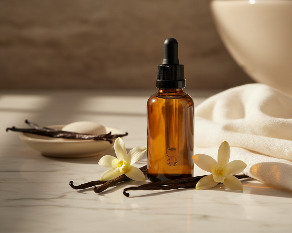 create a 2 oz amber bottle with black dropper on a bathroom countertop with accents of vanilla to describe the scent. It has pure vanilla essential oil and it is warm and creamy relaxing vanilla. no label on bottle