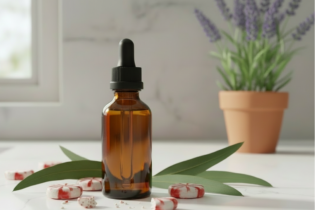 move the lavender plant right behind the amber bottle